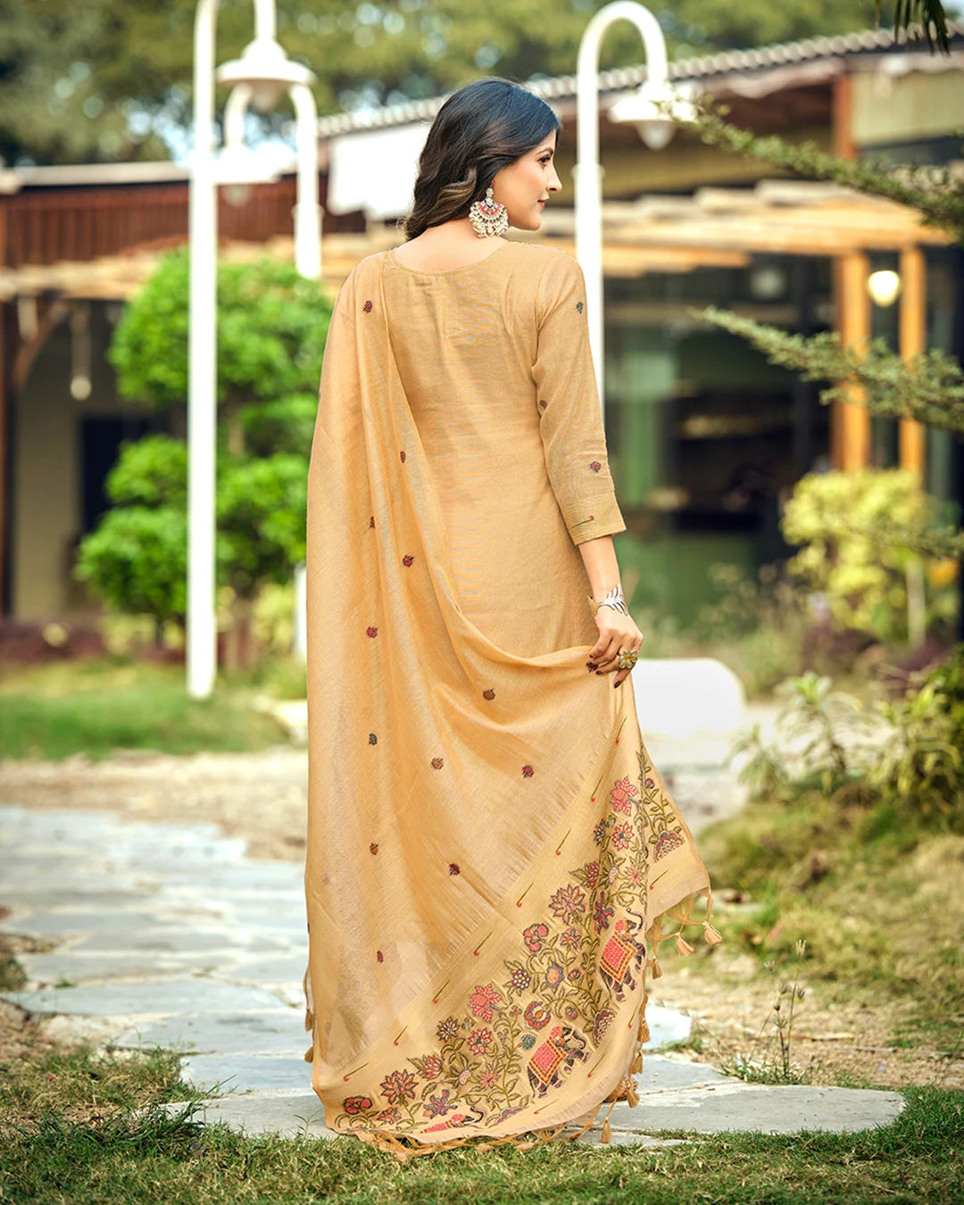 Amber Heritage – Chiku Muga Cotton Suit with Elephant Artistry
