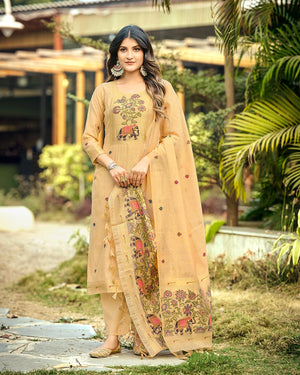 Amber Heritage – Chiku Muga Cotton Suit with Elephant Artistry