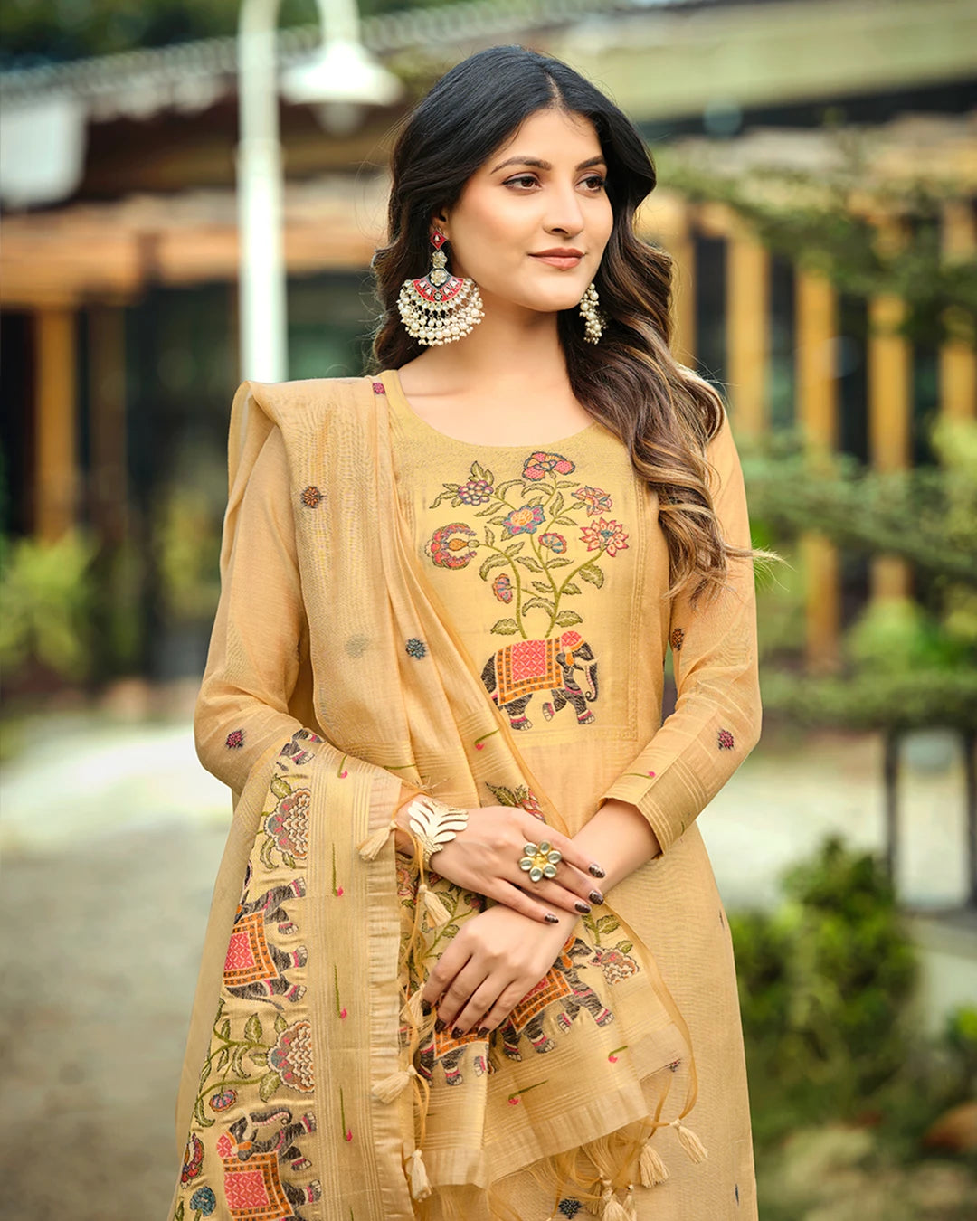Amber Heritage – Chiku Muga Cotton Suit with Elephant Artistry