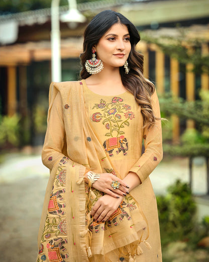 Amber Heritage – Chiku Muga Cotton Suit with Elephant Artistry
