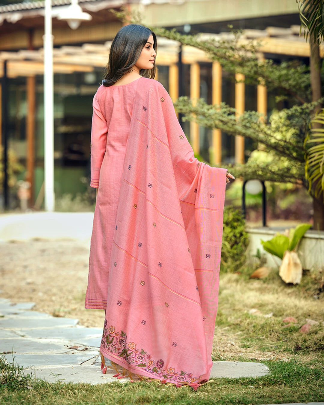 Rose Poetry – Pink Muga Cotton Suit with Garden Bloom Dupatta