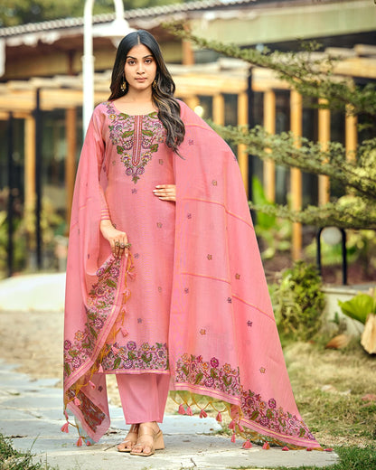 Rose Poetry – Pink Muga Cotton Suit with Garden Bloom Dupatta