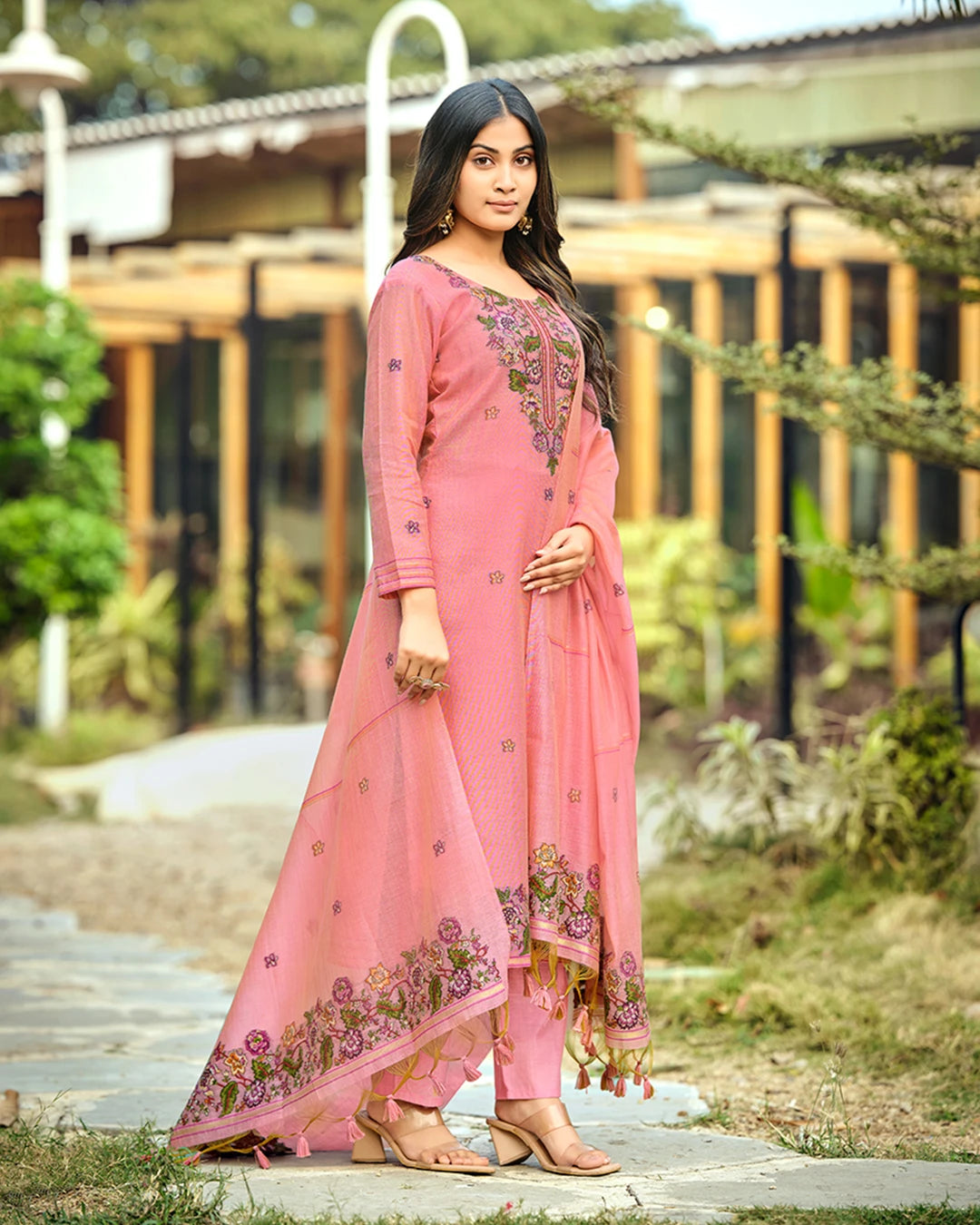 Rose Poetry – Pink Muga Cotton Suit with Garden Bloom Dupatta
