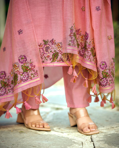 Rose Poetry – Pink Muga Cotton Suit with Garden Bloom Dupatta
