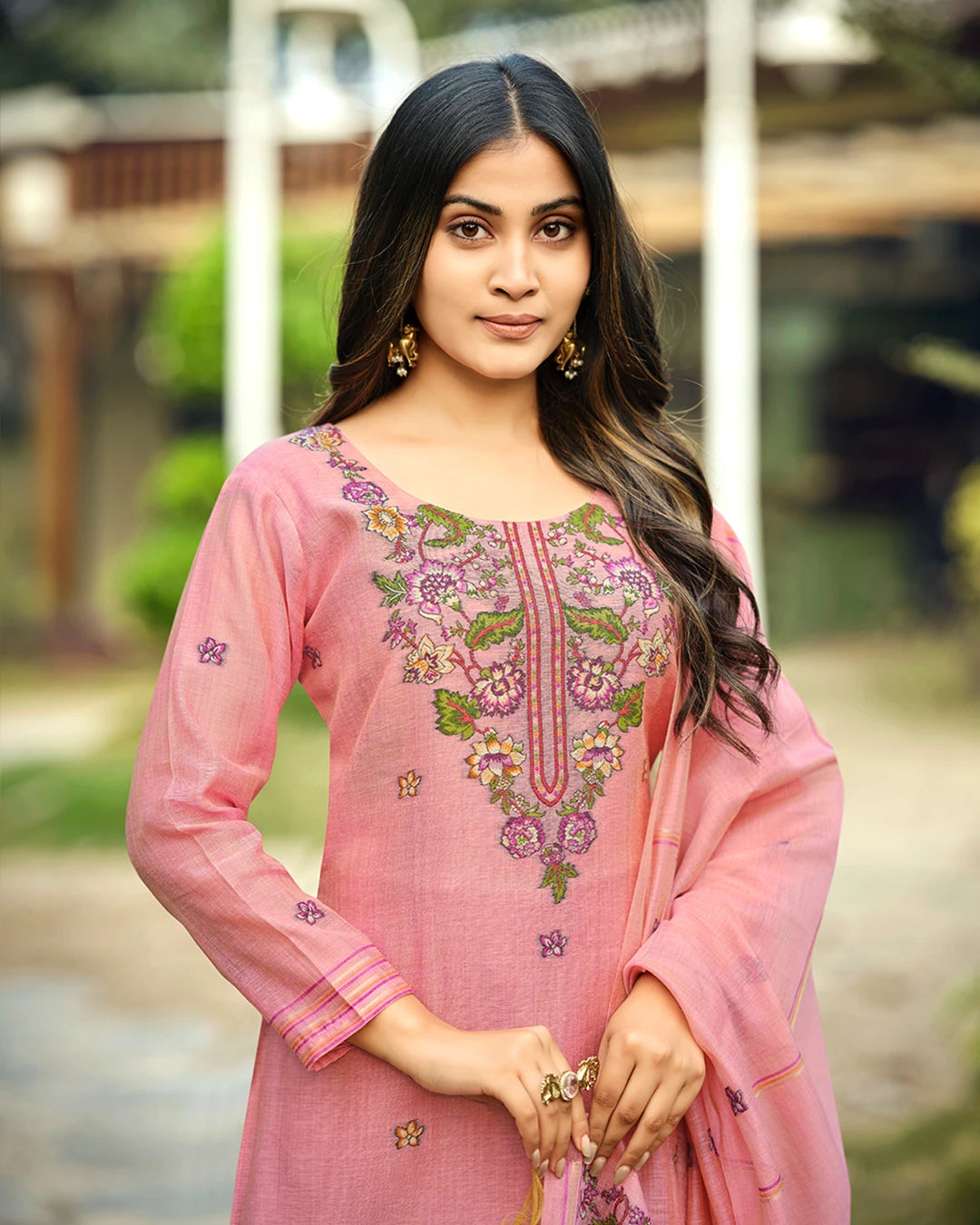 Rose Poetry – Pink Muga Cotton Suit with Garden Bloom Dupatta