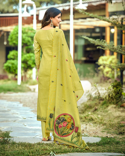 Jade Serenity – Pista Green Muga Cotton Suit with Peacock Elegance