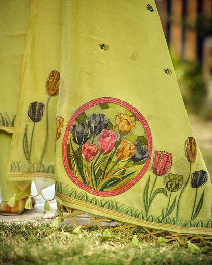 Jade Serenity – Pista Green Muga Cotton Suit with Peacock Elegance