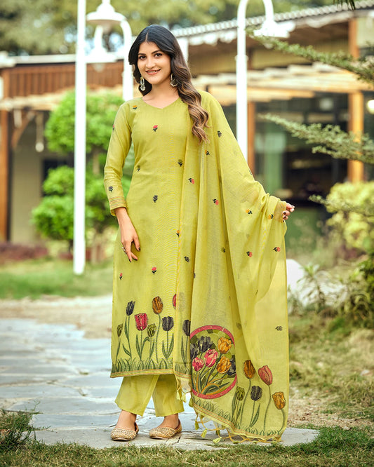 Jade Serenity – Pista Green Muga Cotton Suit with Peacock Elegance