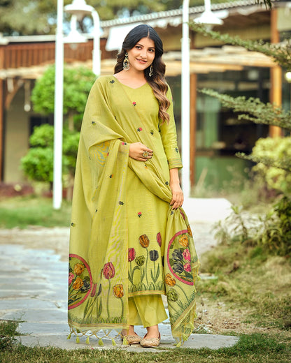 Jade Serenity – Pista Green Muga Cotton Suit with Peacock Elegance