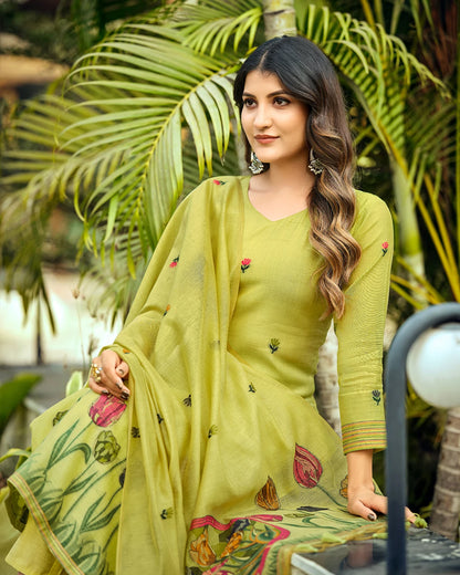 Jade Serenity – Pista Green Muga Cotton Suit with Peacock Elegance
