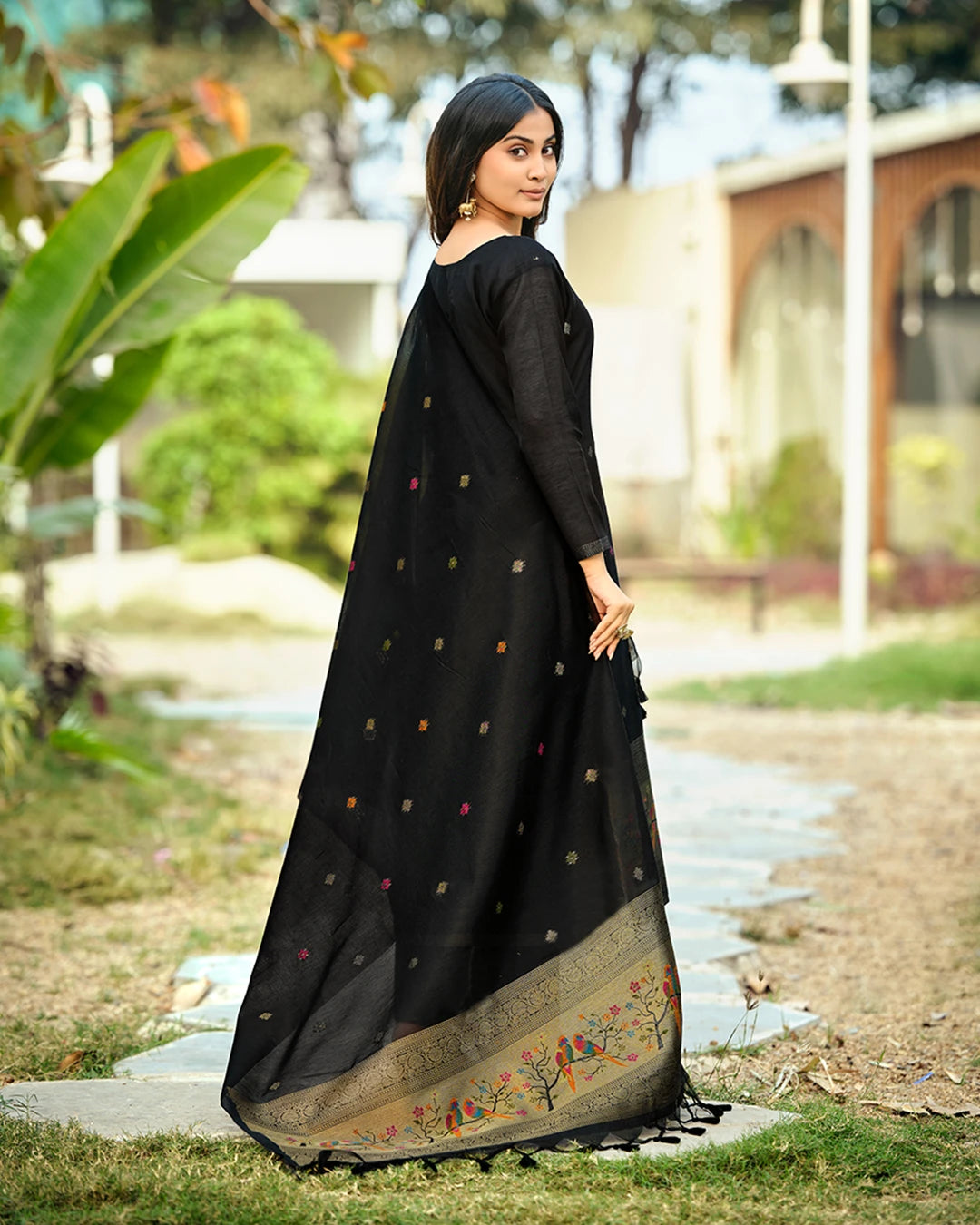 Midnight Heritage – Black Paithani Muga Cotton Suit with Parrot Grace