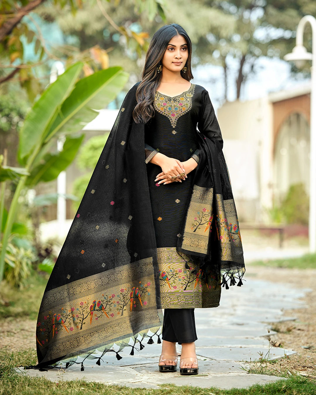 Midnight Heritage – Black Paithani Muga Cotton Suit with Parrot Grace
