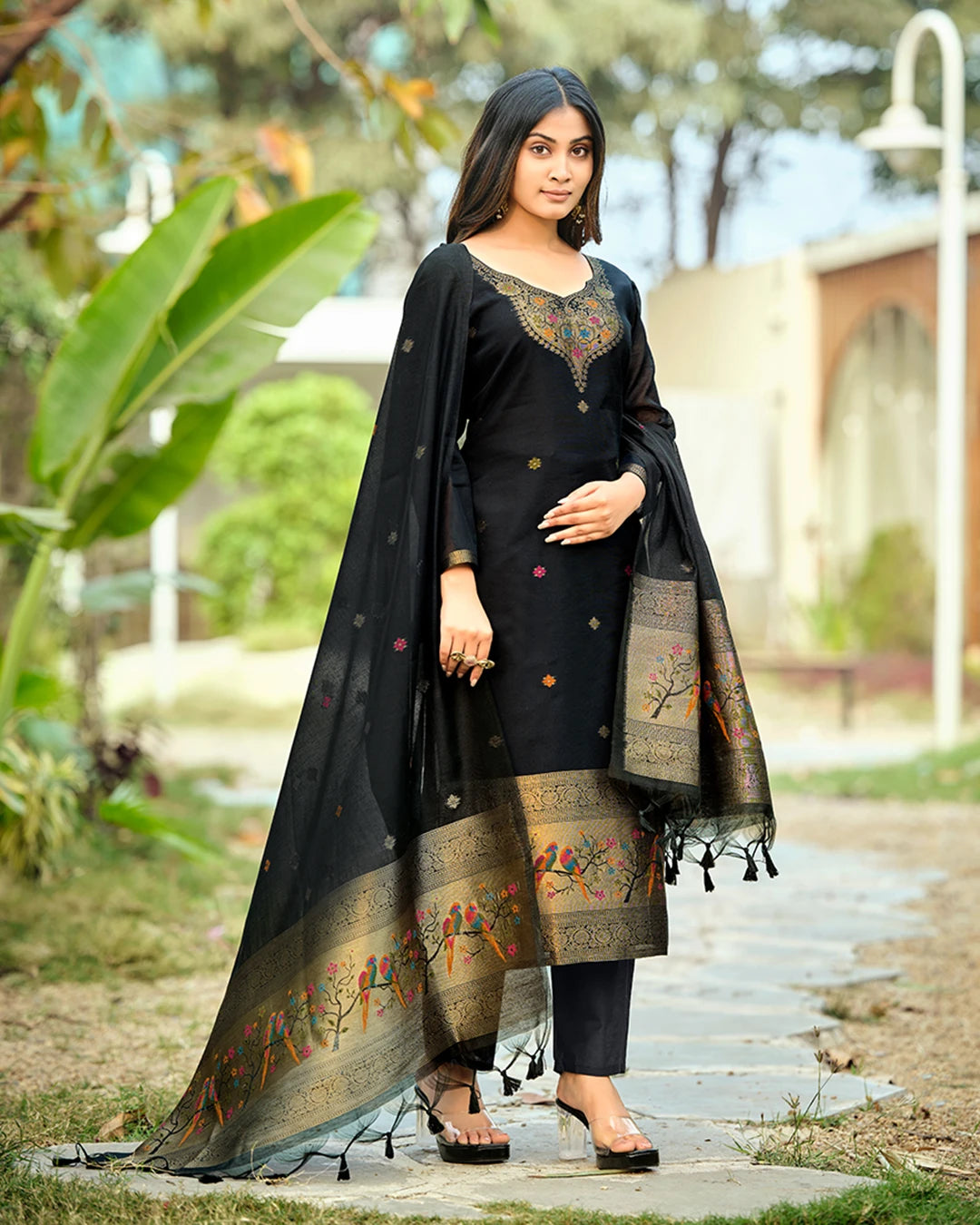 Midnight Heritage – Black Paithani Muga Cotton Suit with Parrot Grace