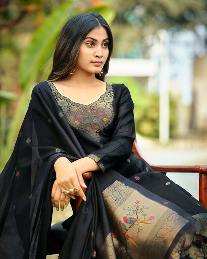 Midnight Heritage – Black Paithani Muga Cotton Suit with Parrot Grace