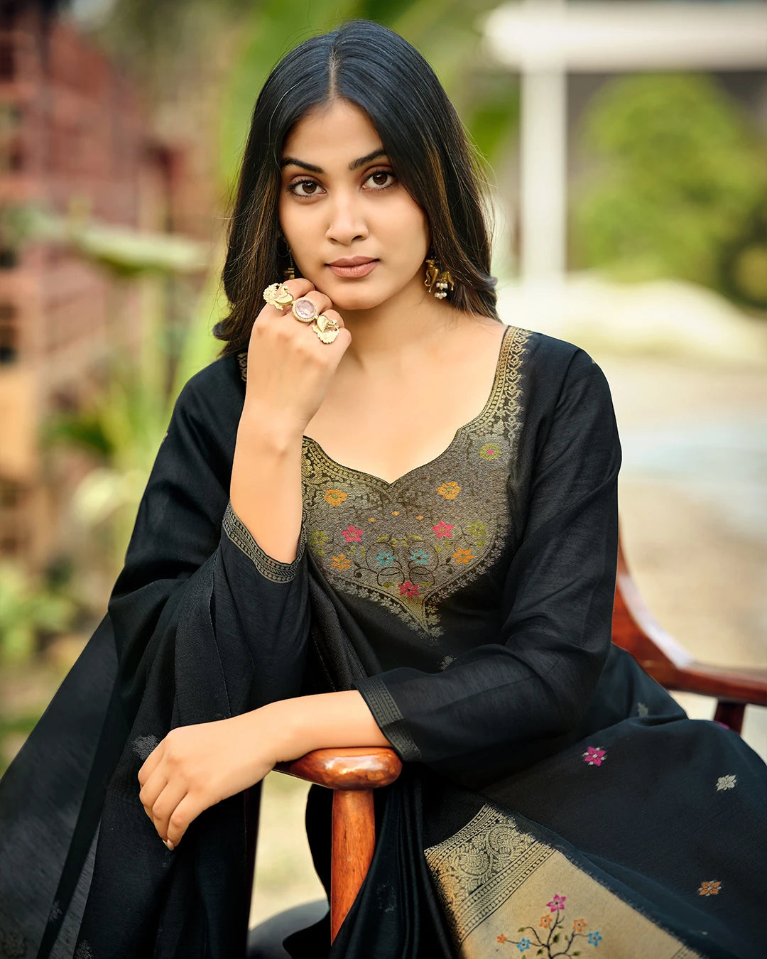 Midnight Heritage – Black Paithani Muga Cotton Suit with Parrot Grace