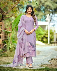 Whisper Serenity – Lavender Muga Cotton Suit with Dandelion Dreams