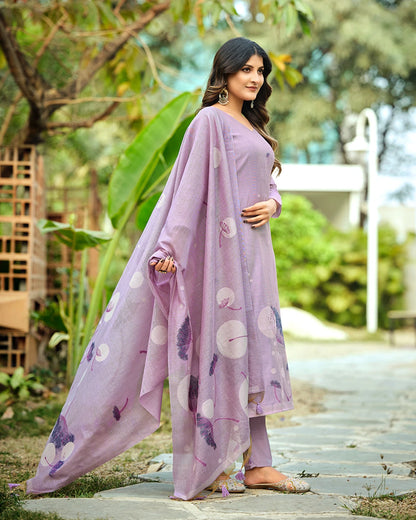 Whisper Serenity – Lavender Muga Cotton Suit with Dandelion Dreams