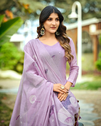 Whisper Serenity – Lavender Muga Cotton Suit with Dandelion Dreams