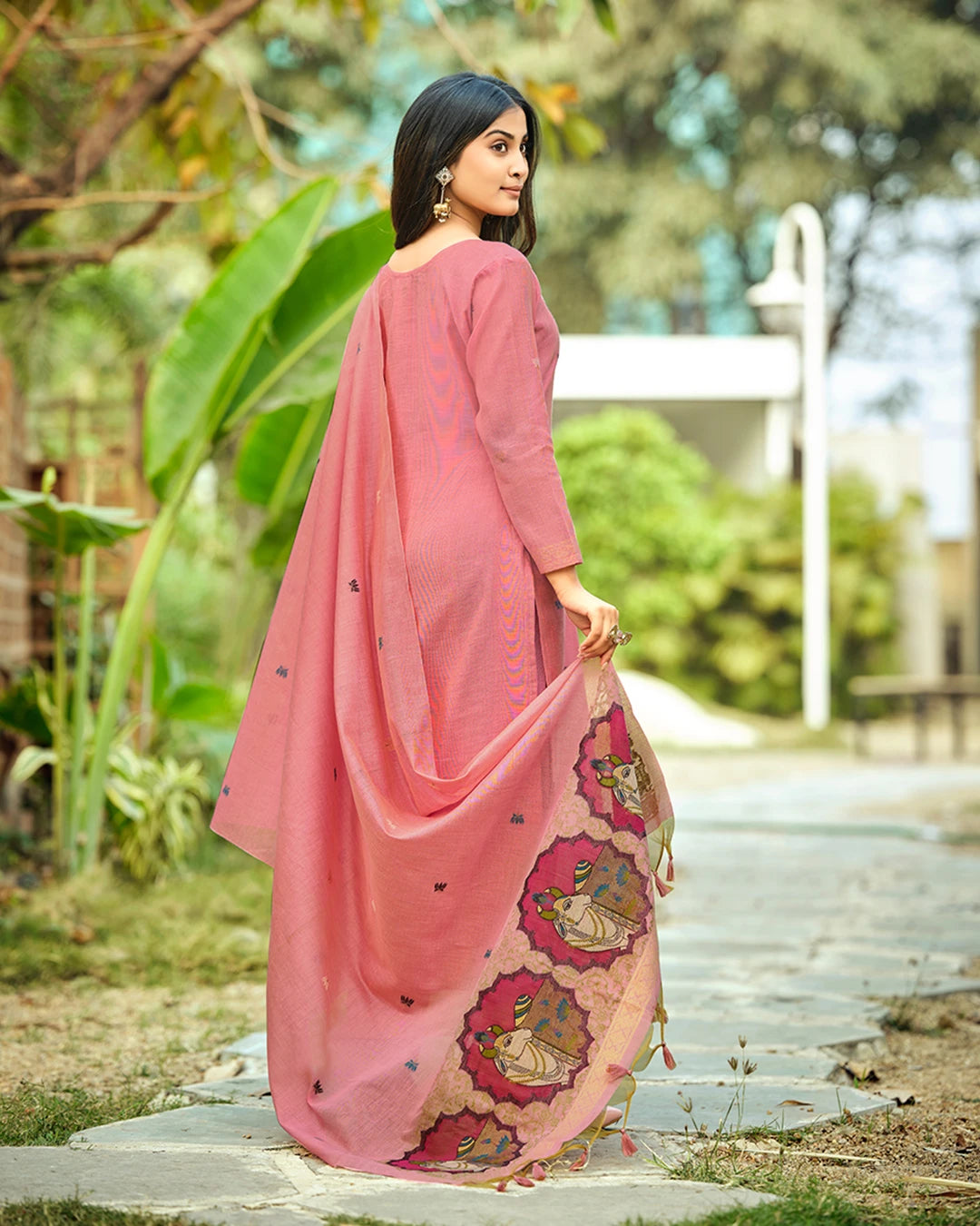 Heritage Bloom – Pink Rangkat Muga Cotton Suit with Pichwai Art