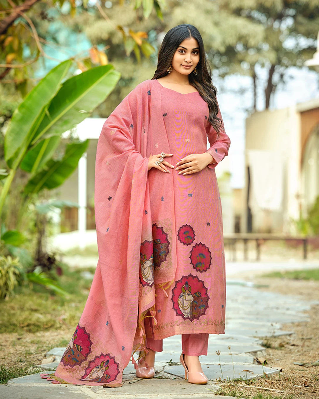 Heritage Bloom – Pink Rangkat Muga Cotton Suit with Pichwai Art