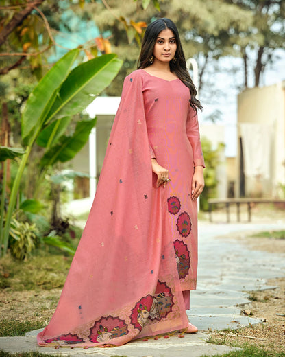 Heritage Bloom – Pink Rangkat Muga Cotton Suit with Pichwai Art