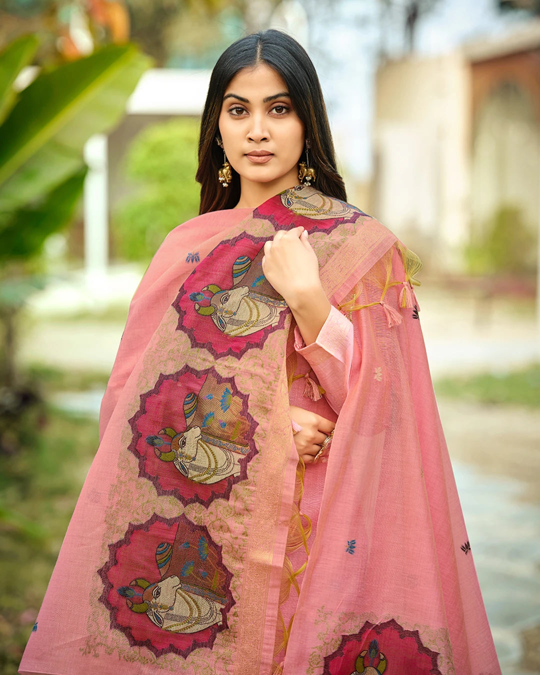 Heritage Bloom – Pink Rangkat Muga Cotton Suit with Pichwai Art