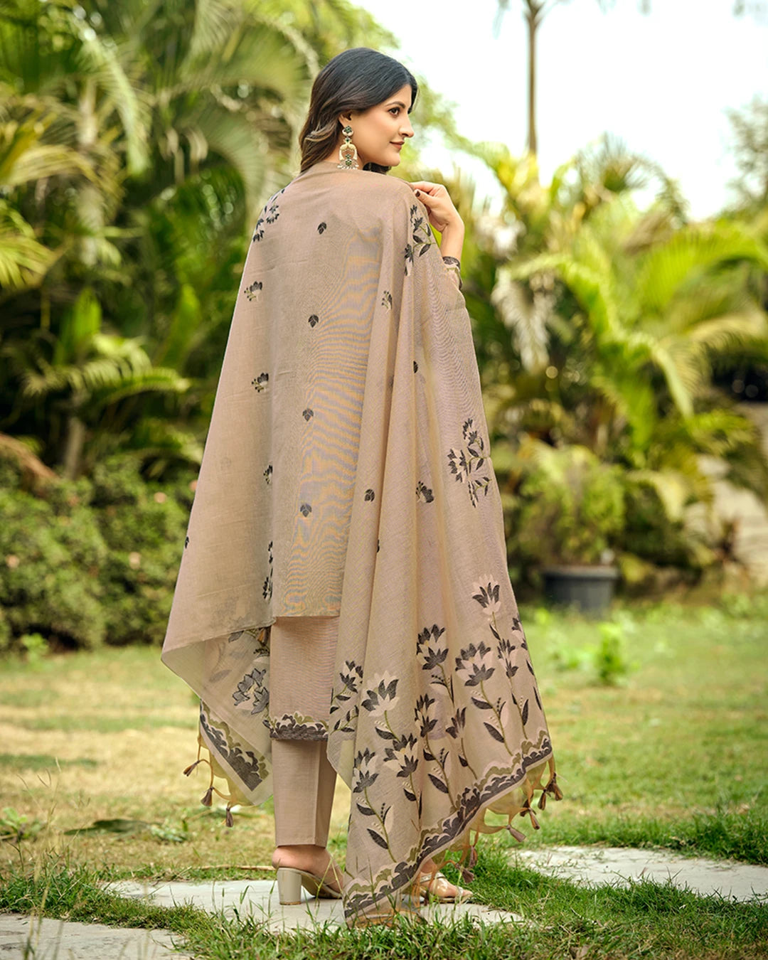 Mocha Poetry – Copper Muga Cotton Suit with Garden Silhouette