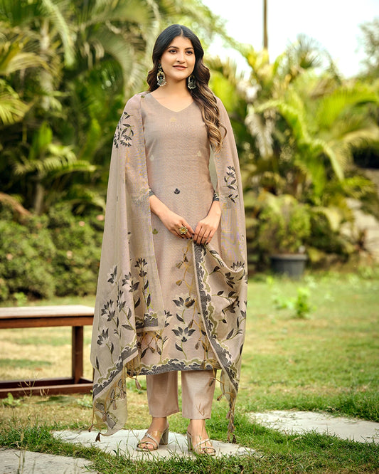 Mocha Poetry – Copper Muga Cotton Suit with Garden Silhouette