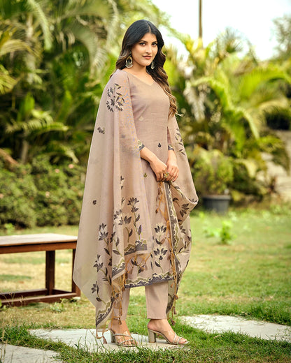 Mocha Poetry – Copper Muga Cotton Suit with Garden Silhouette