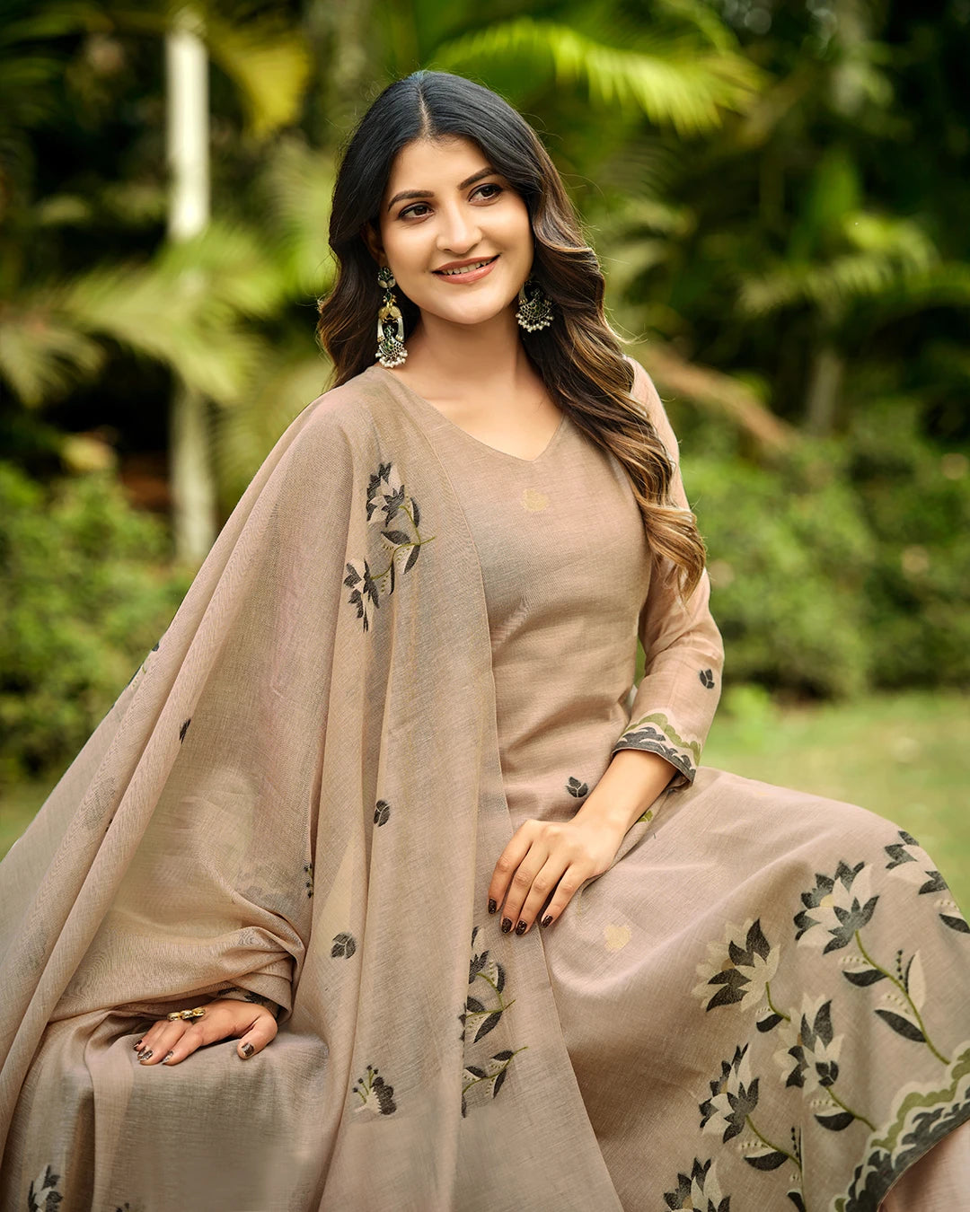 Mocha Poetry – Copper Muga Cotton Suit with Garden Silhouette