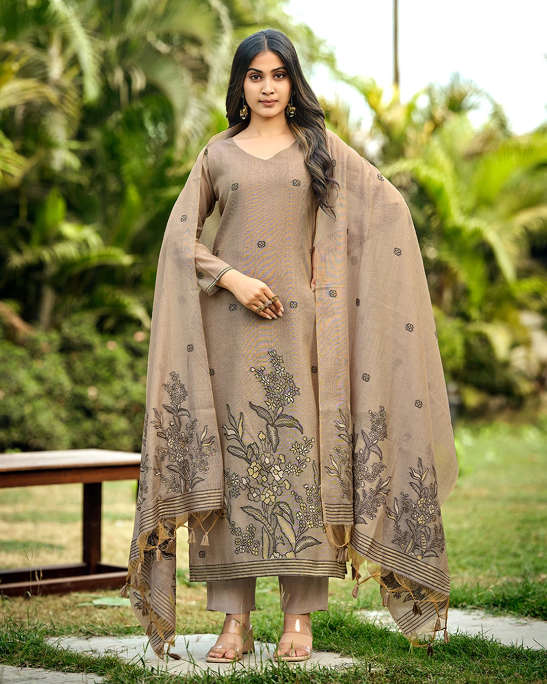 Charcoal Poetry – Steel Grey Muga Cotton Suit with Botanical Elegance