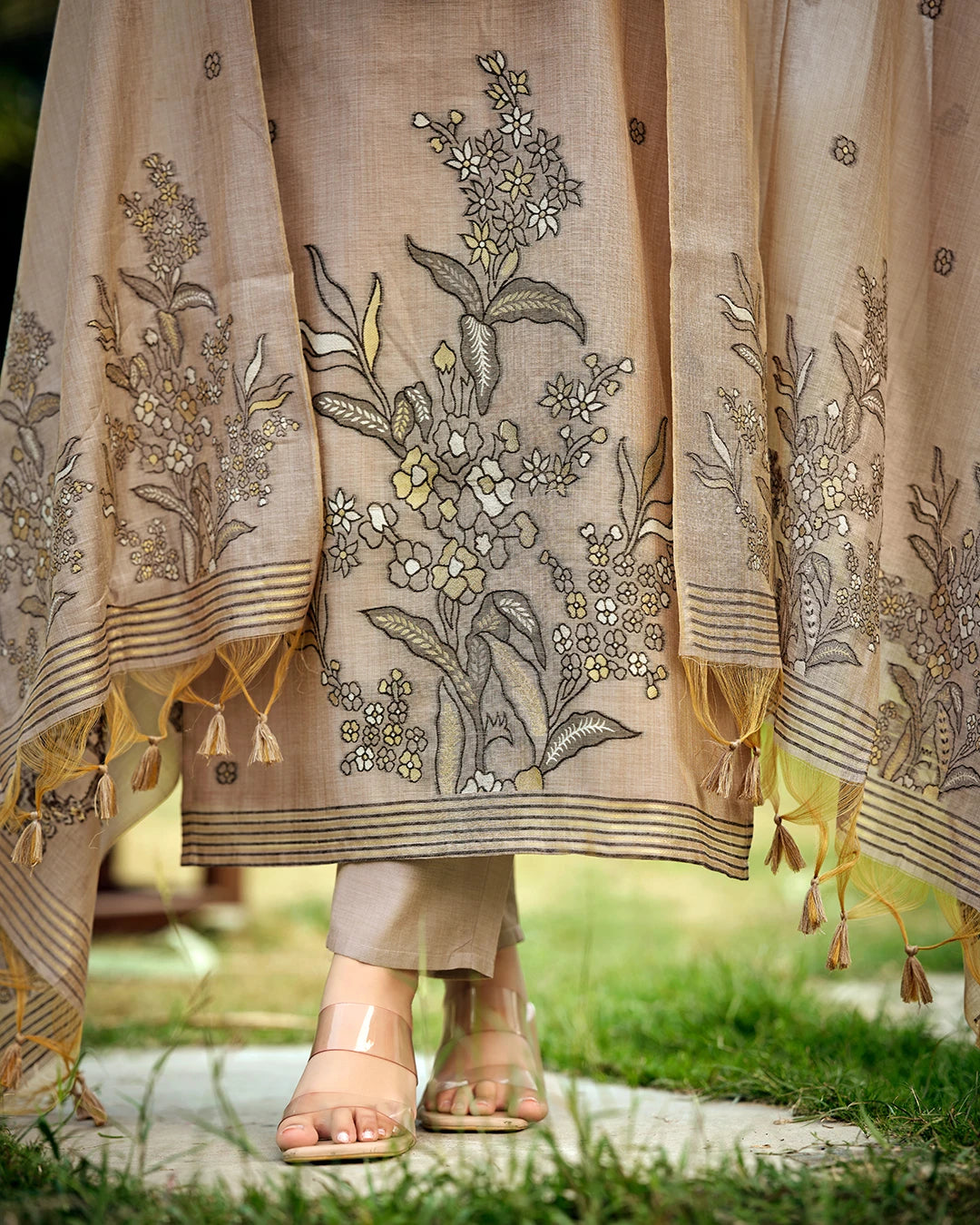 Charcoal Poetry – Steel Grey Muga Cotton Suit with Botanical Elegance