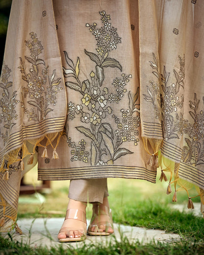 Charcoal Poetry – Steel Grey Muga Cotton Suit with Botanical Elegance