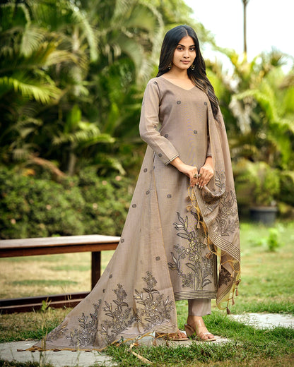 Charcoal Poetry – Steel Grey Muga Cotton Suit with Botanical Elegance