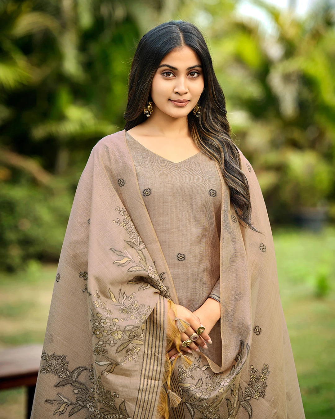 Charcoal Poetry – Steel Grey Muga Cotton Suit with Botanical Elegance