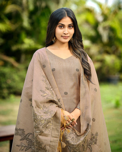 Charcoal Poetry – Steel Grey Muga Cotton Suit with Botanical Elegance