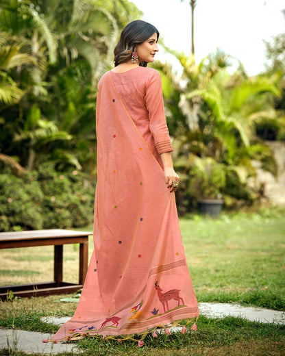 Ruby Heritage – Blood Red Muga Cotton Suit with Peacock Artistry