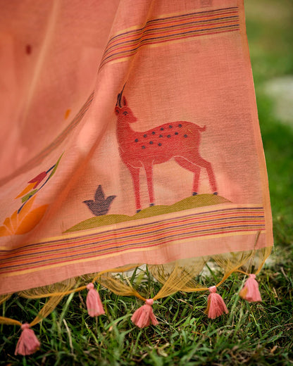 Ruby Heritage – Blood Red Muga Cotton Suit with Peacock Artistry