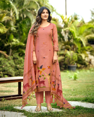 Ruby Heritage – Blood Red Muga Cotton Suit with Peacock Artistry