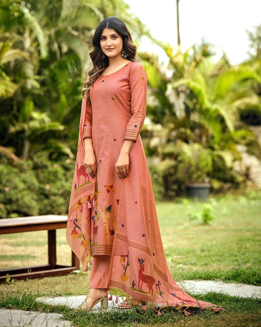 Ruby Heritage – Blood Red Muga Cotton Suit with Peacock Artistry