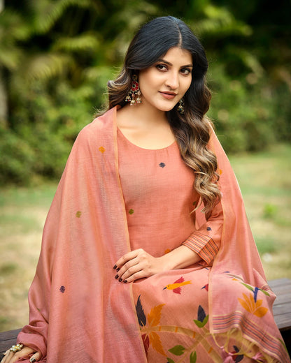 Ruby Heritage – Blood Red Muga Cotton Suit with Peacock Artistry