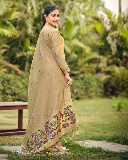 Amber Heritage – Chiku Muga Cotton Suit with Paithani Elegance