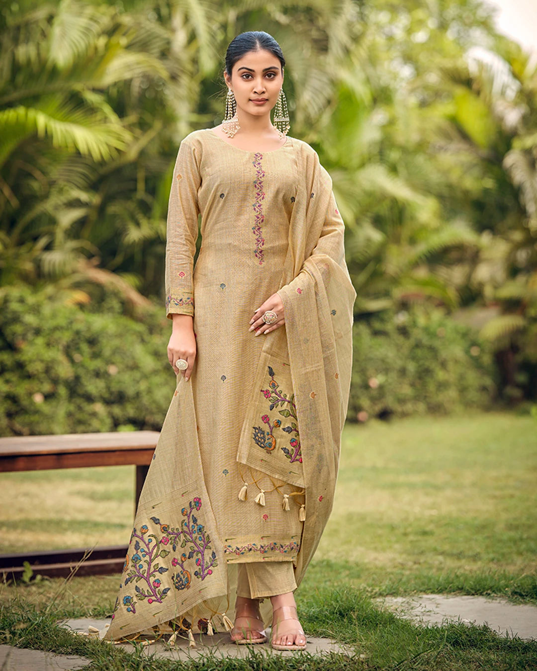 Amber Heritage – Chiku Muga Cotton Suit with Paithani Elegance