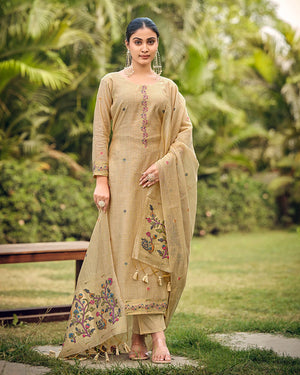 Amber Heritage – Chiku Muga Cotton Suit with Paithani Elegance