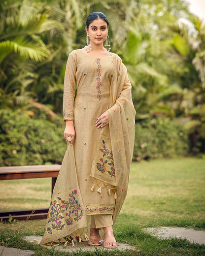 Amber Heritage – Chiku Muga Cotton Suit with Paithani Elegance