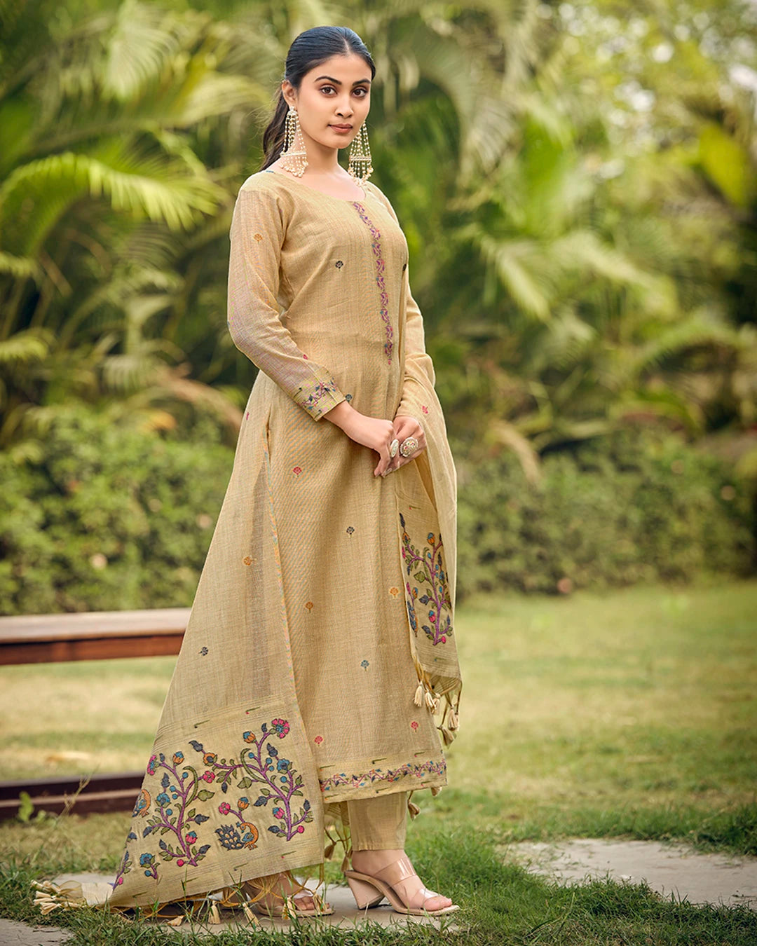 Amber Heritage – Chiku Muga Cotton Suit with Paithani Elegance
