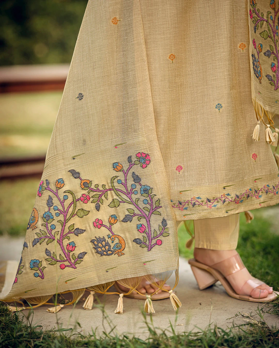 Amber Heritage – Chiku Muga Cotton Suit with Paithani Elegance