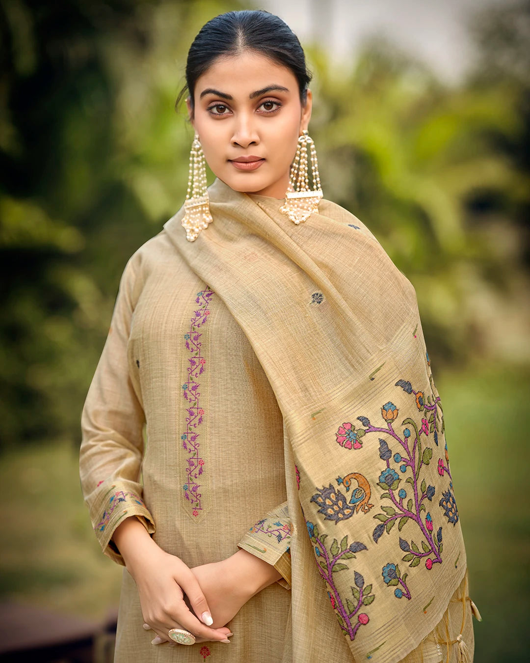 Amber Heritage – Chiku Muga Cotton Suit with Paithani Elegance