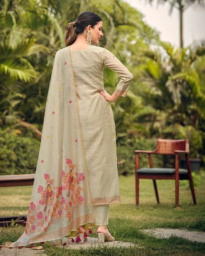 White Rani Muga Cotton Suit Set with Bird and Floral Embroidery