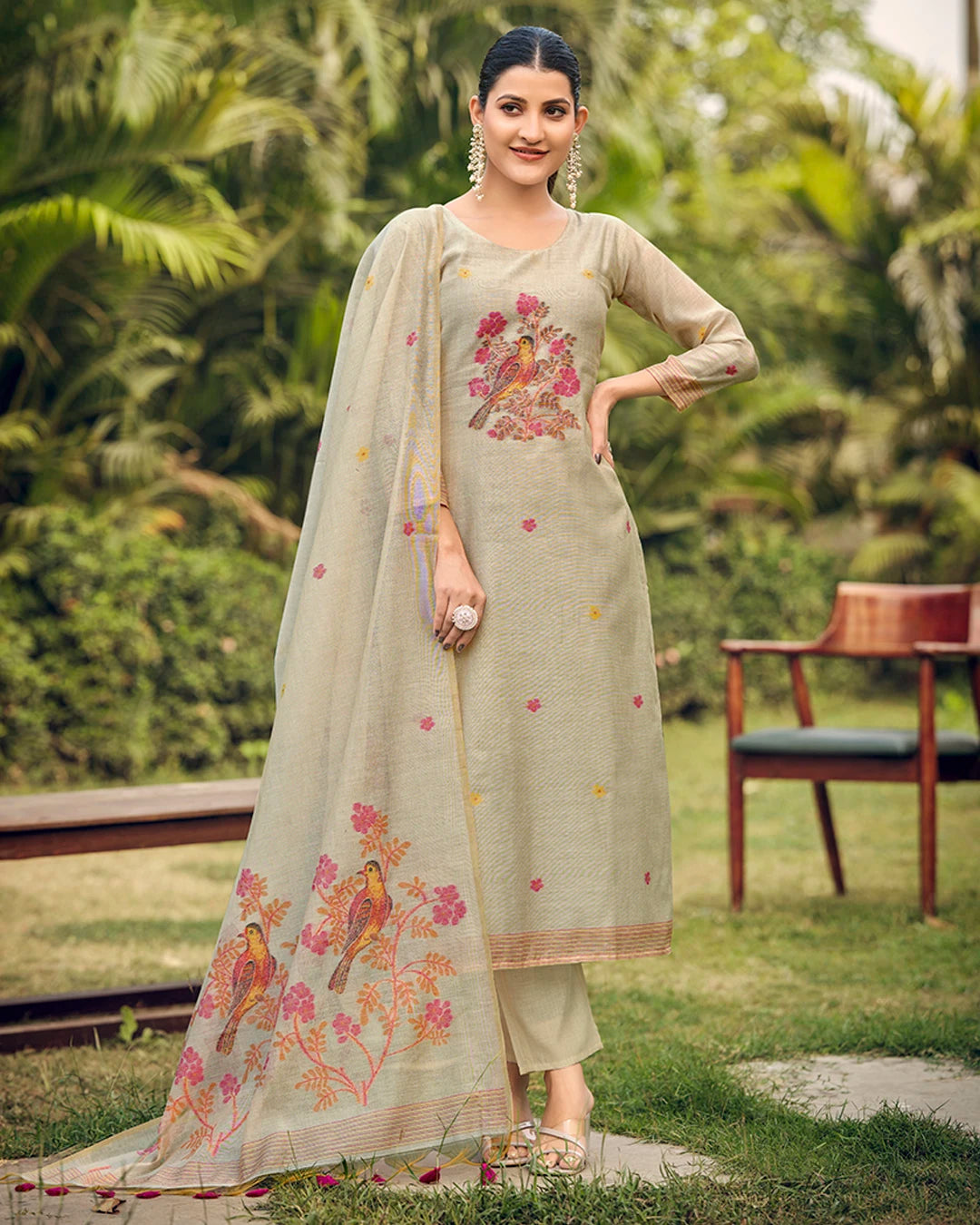 White Rani Muga Cotton Suit Set with Bird and Floral Embroidery